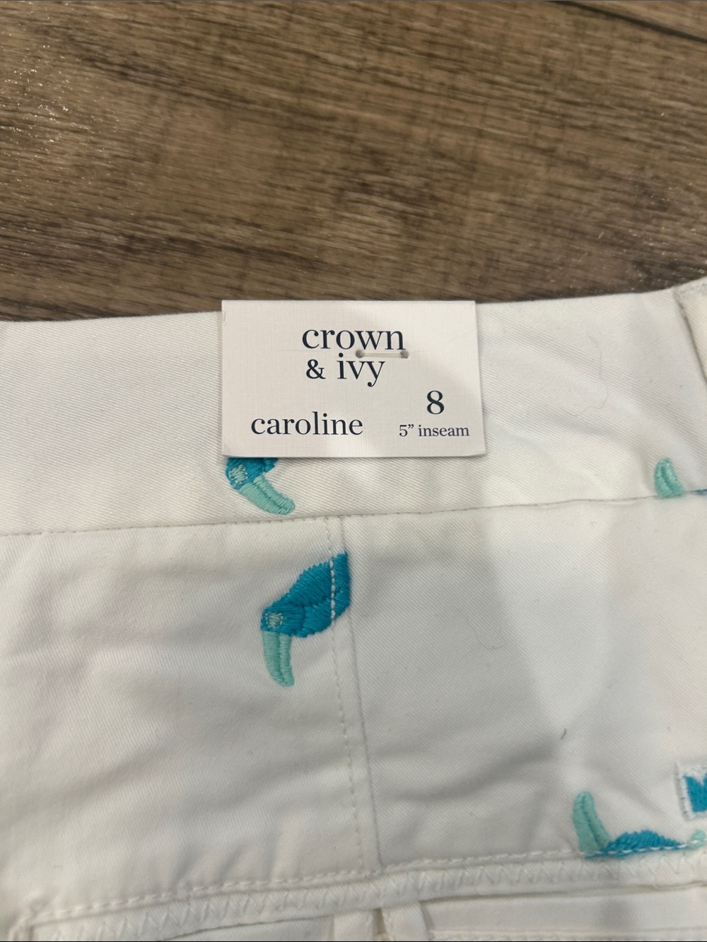 White Shorts with Teal Embroidered bird- Women's Casual Shorts - Picture 5 of 6